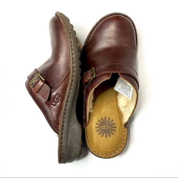 UGG Livia brown leather shearling lined clogs 7 - Picture 1 of 16